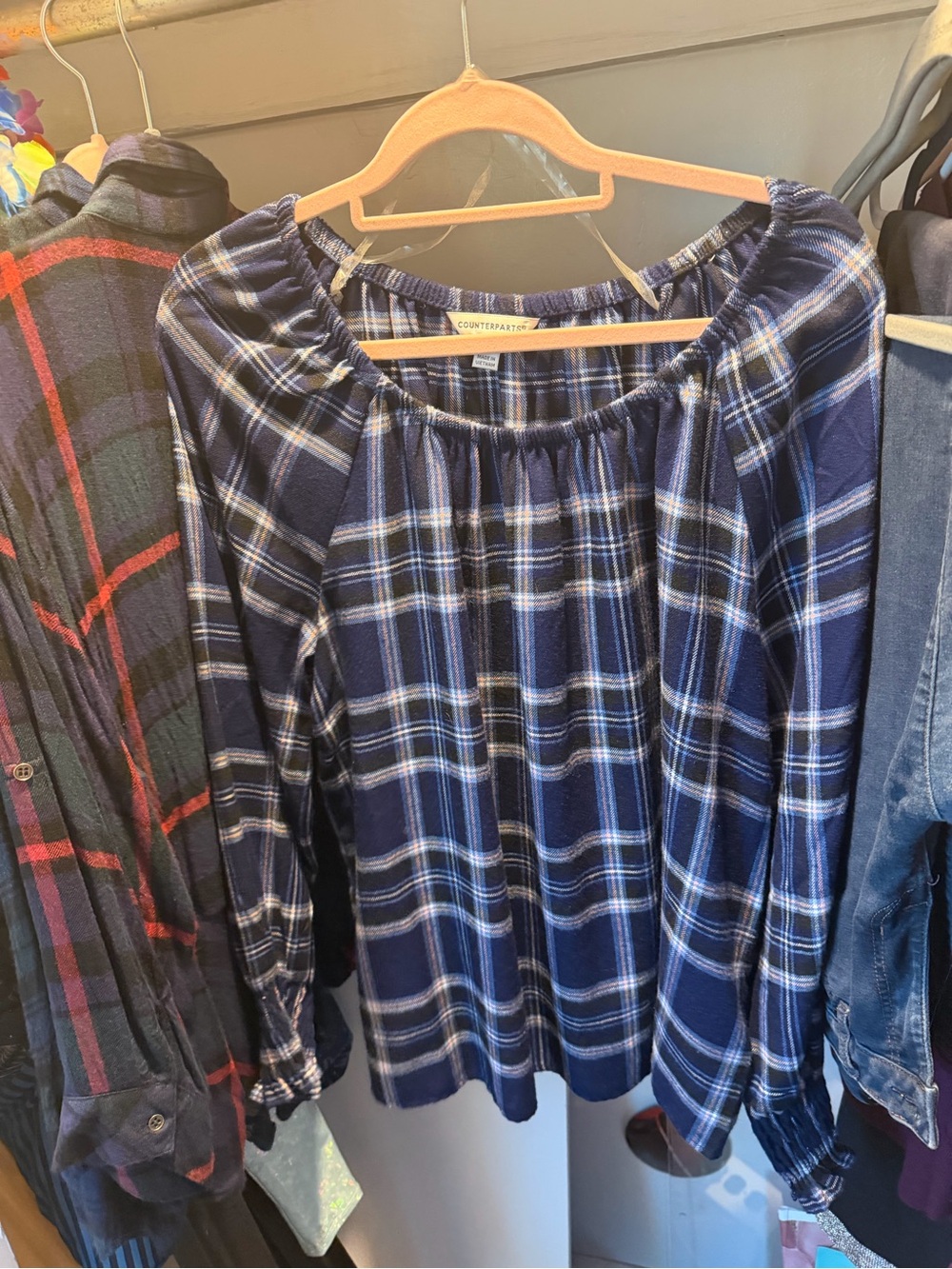 Counterparts Navy and White Plaid Peasant Blouse